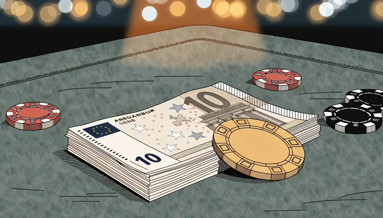 Zehn-Euro-Schein mit Casino-Chips auf grünem Spieltisch