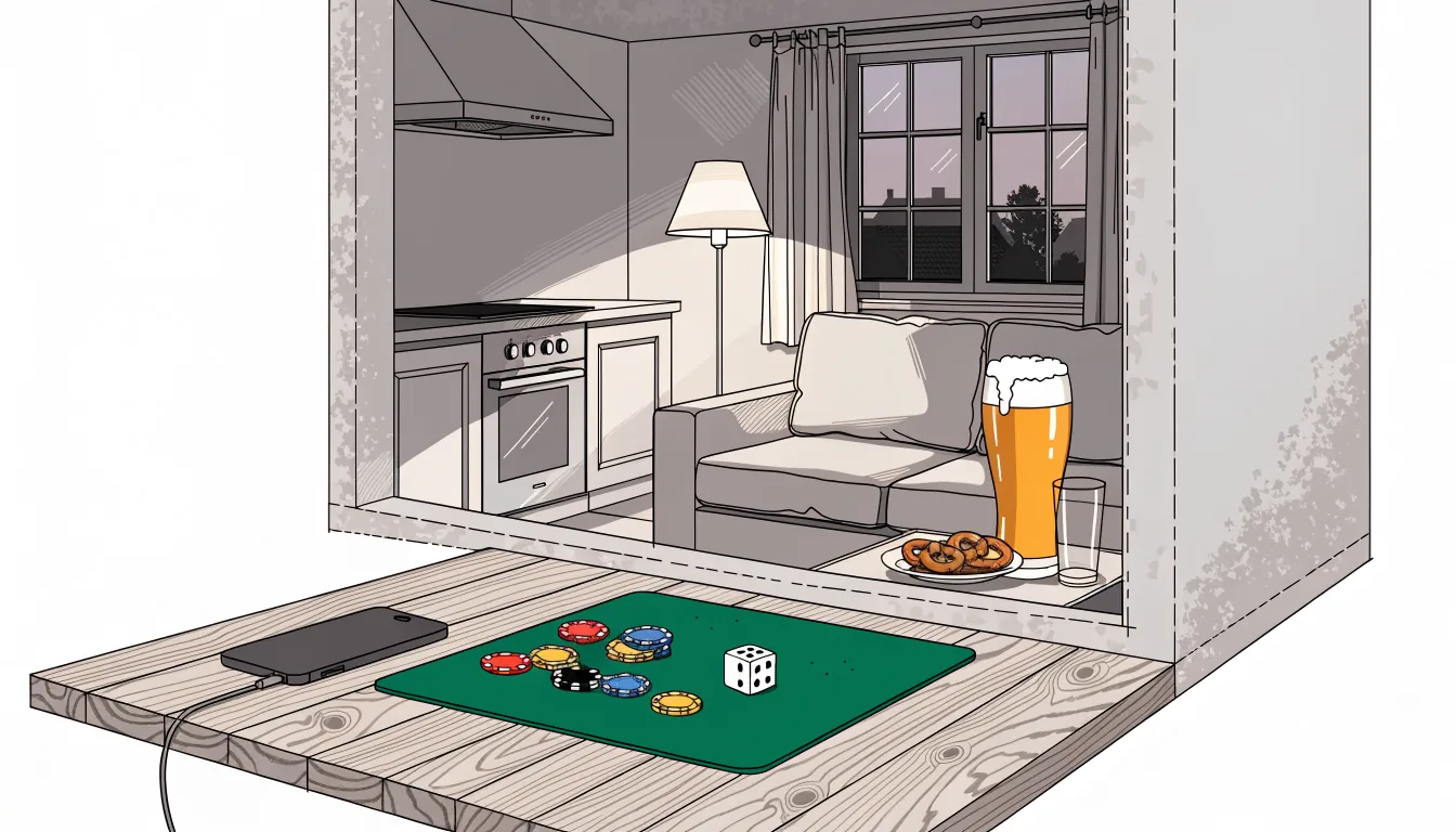 Gemütliches Wohnzimmer mit Casino-Chips, Spielwürfel und Smartphone auf dem Tisch