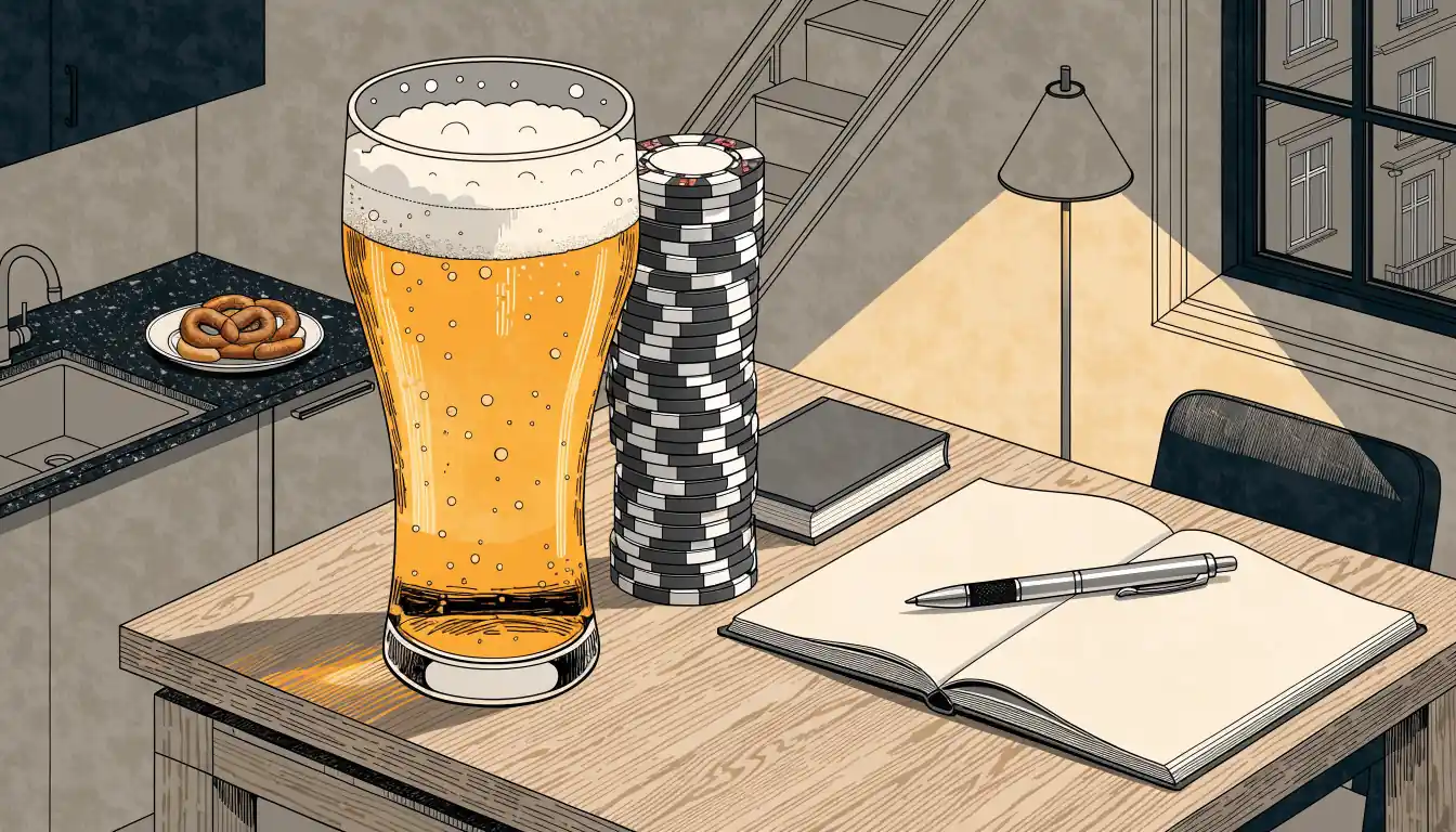 Bierglas und Casino-Chips auf einem Holztisch in einer Berliner Wohnung.