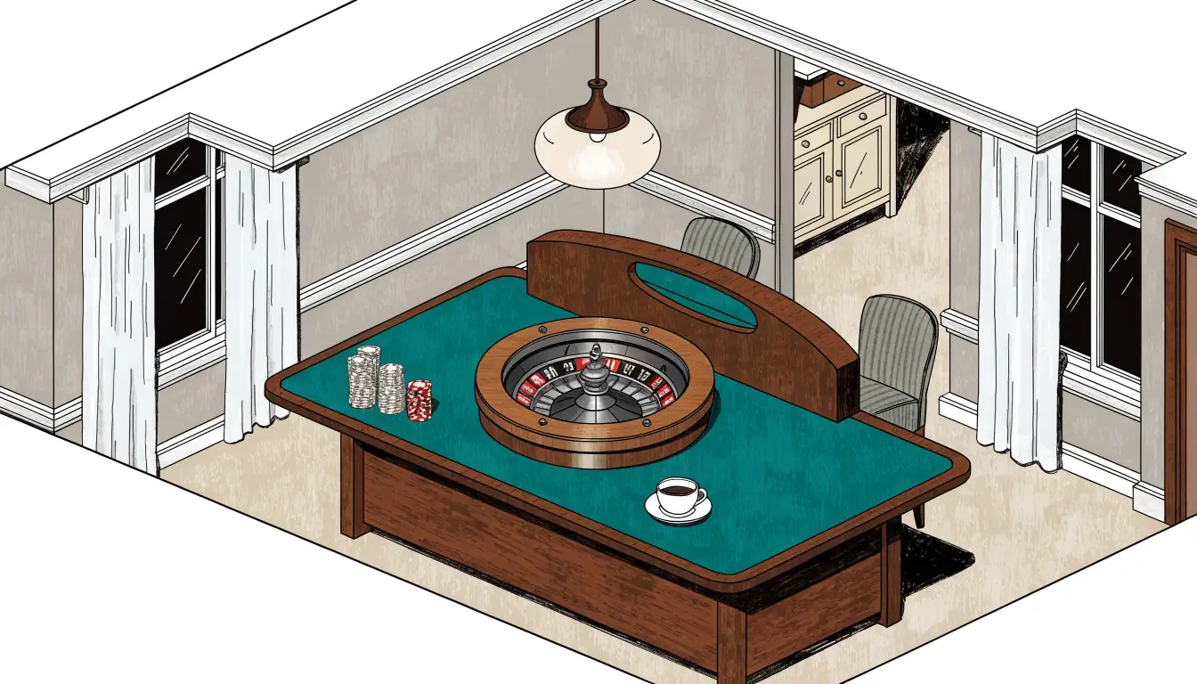 Gedeckter Spieltisch mit Roulette und Chips in einer modernen Casino-Lounge.