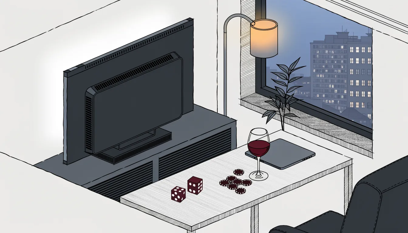Modernes Wohnzimmer bei Abendlicht mit Spielchips und Würfel auf dem Tisch