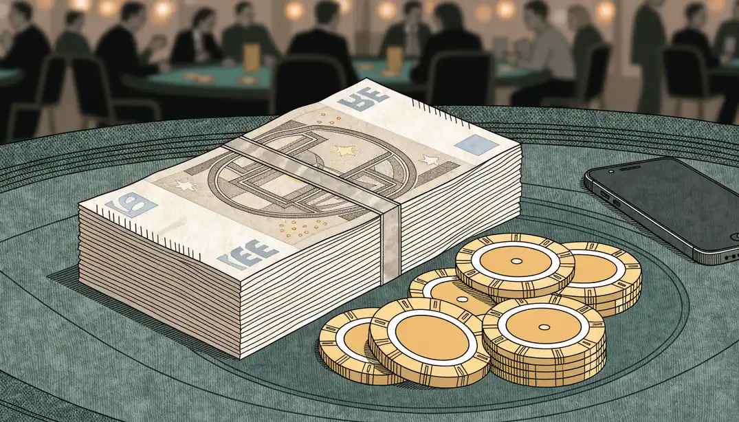 Euro-Scheine und Casino-Chips auf grünem Filztisch neben einem abgelegten Smartphone in Casino-Atmosphäre.