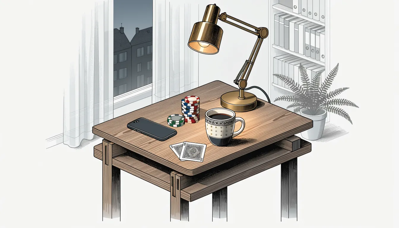 Holztisch im Wohnzimmer mit umgedrehtem Smartphone, Pokerchips, Spielkarten und Kaffeetasse bei warmem Lampenlicht