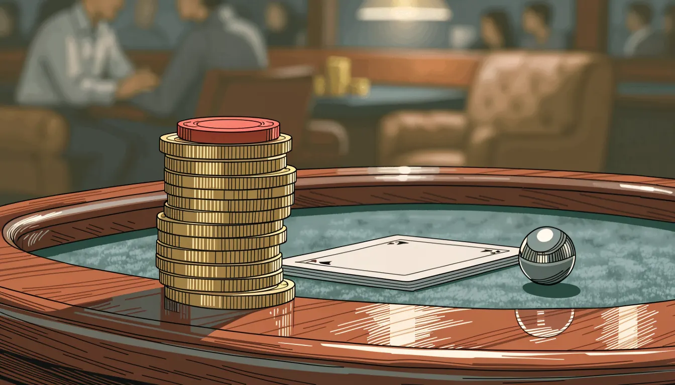 Goldene Euromünzen und Casino-Chip auf einem Filztisch