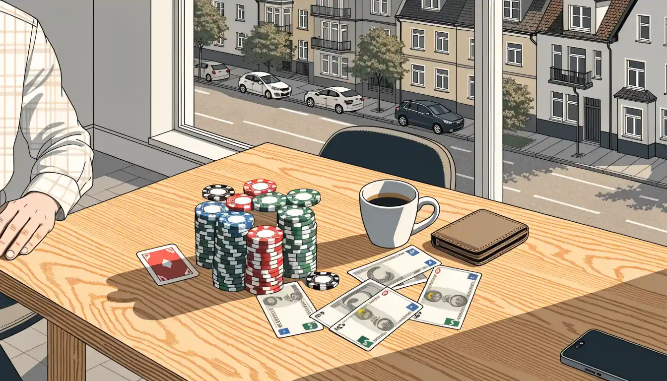 Casinotisch mit Chips, Spielkarte und Euro-Scheinen in einer deutschen Wohnung