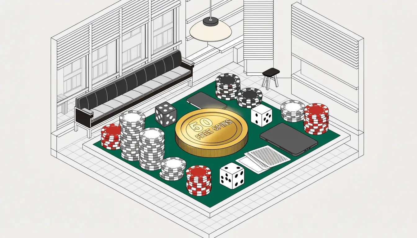 Goldmünze mit fünfzig Freispielen auf Spieltisch mit Chips und Karten