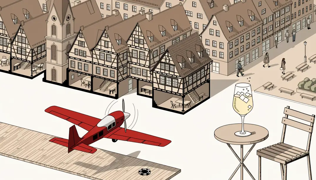 Rotes Propellerflugzeug hebt ab über deutscher Altstadt mit Casino-Chip