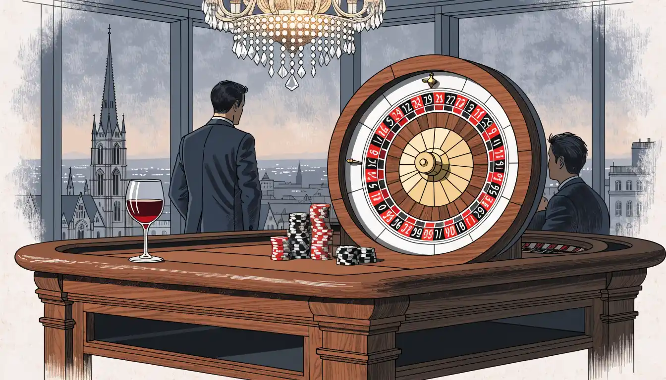 Roulette-Tisch mit Chips vor einer deutschen Stadt bei Abendlicht