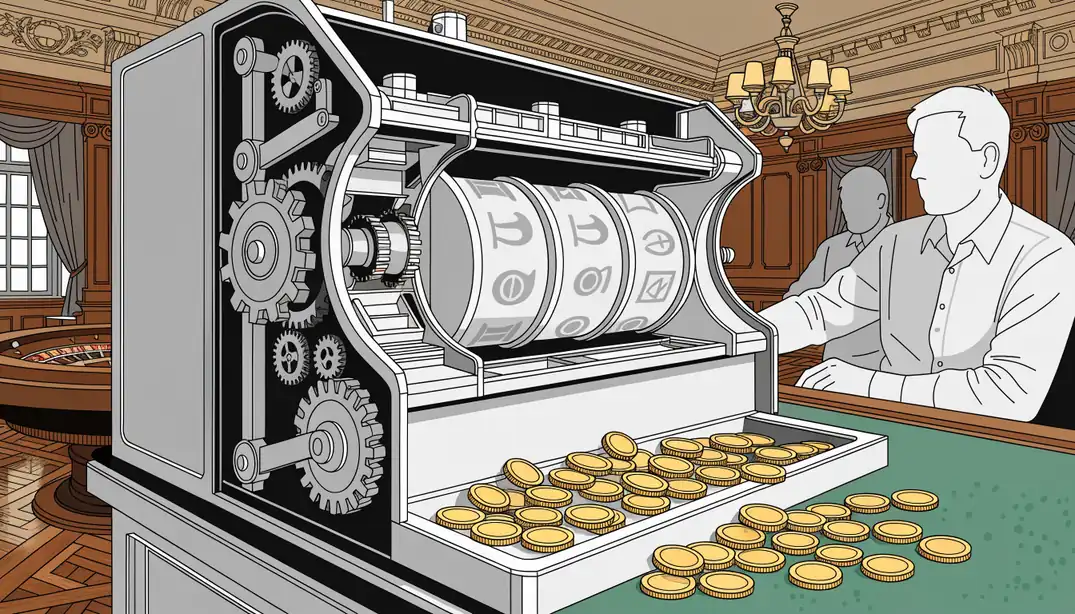 Goldmünzen fallen aus einem Spielautomaten in eine elegante deutsche Spielbank mit warmem Licht und Holzpaneelen.