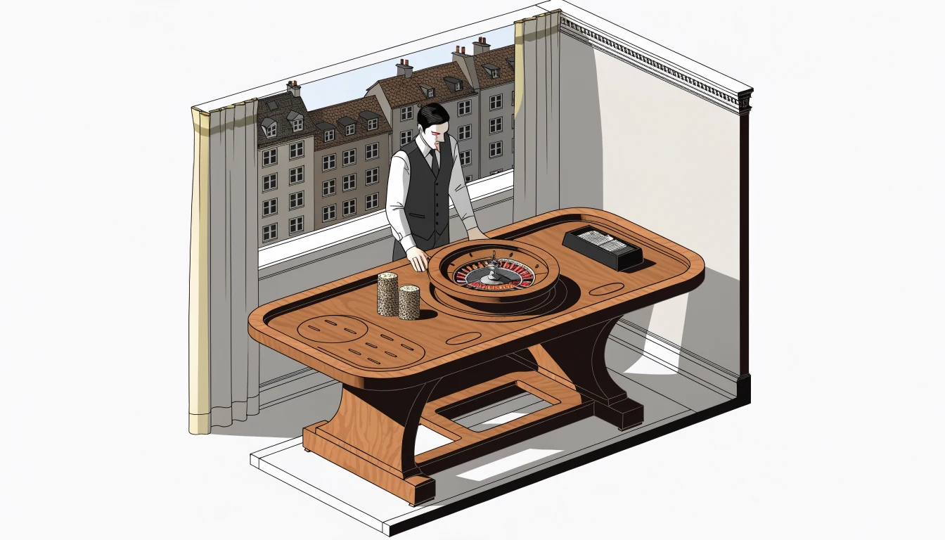 Professionelles Live-Dealer-Studio mit Roulette-Tisch und deutschem Stadtblick im Hintergrund.