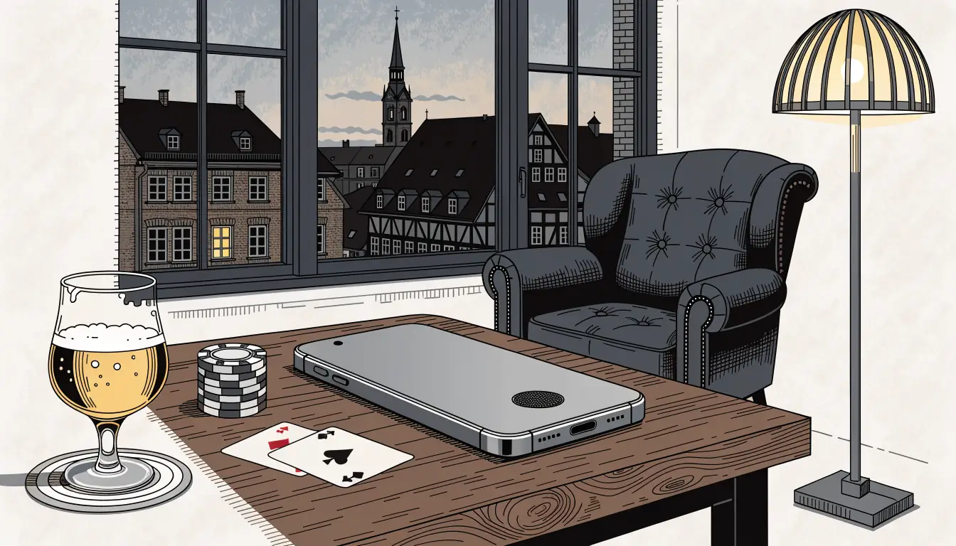 Smartphone mit Casino-Chips und Spielkarten auf einem Tisch in einem deutschen Wohnzimmer