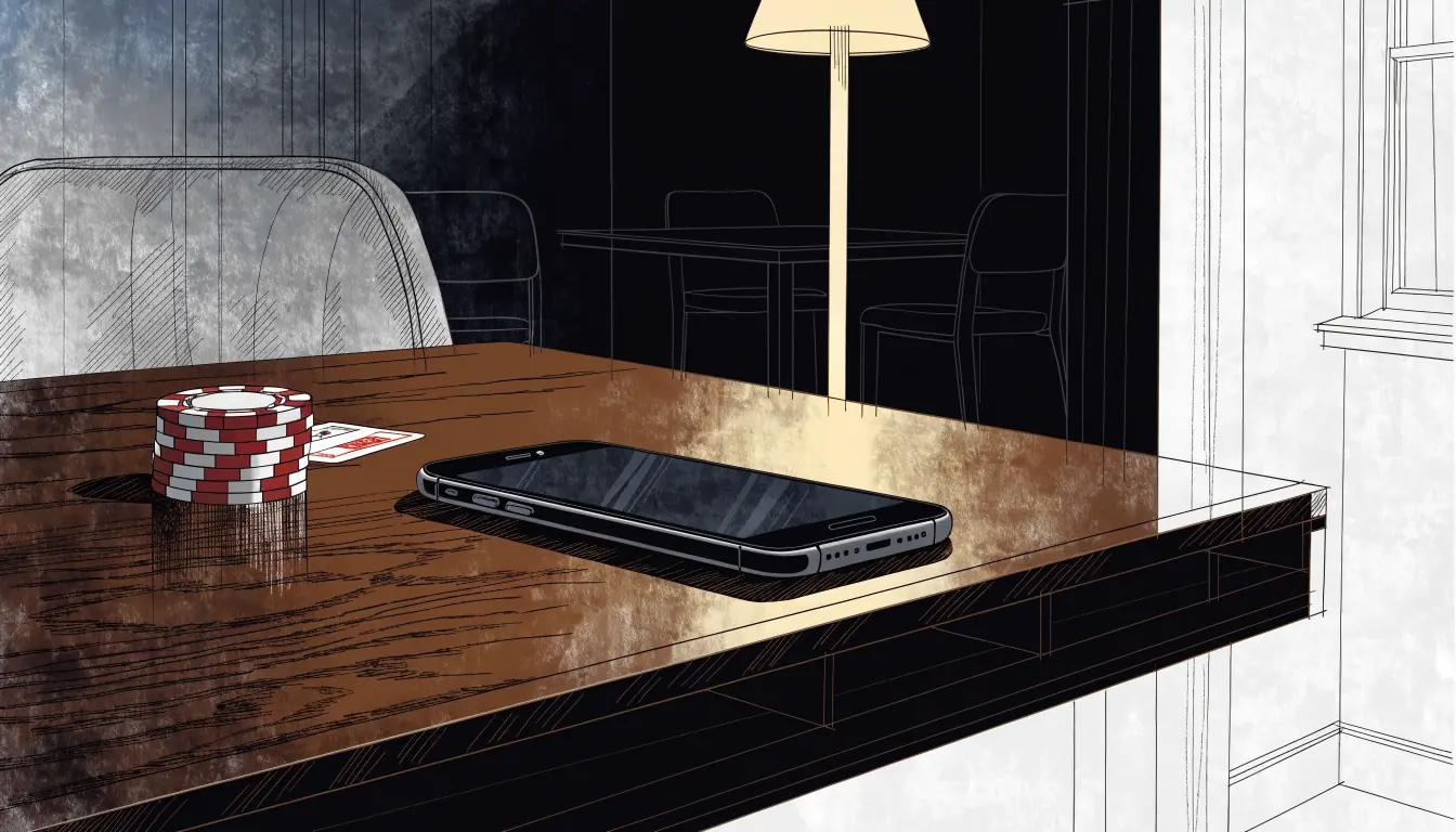iPhone neben Casino-Chips und Spielkarte auf einem Tisch bei warmem Licht