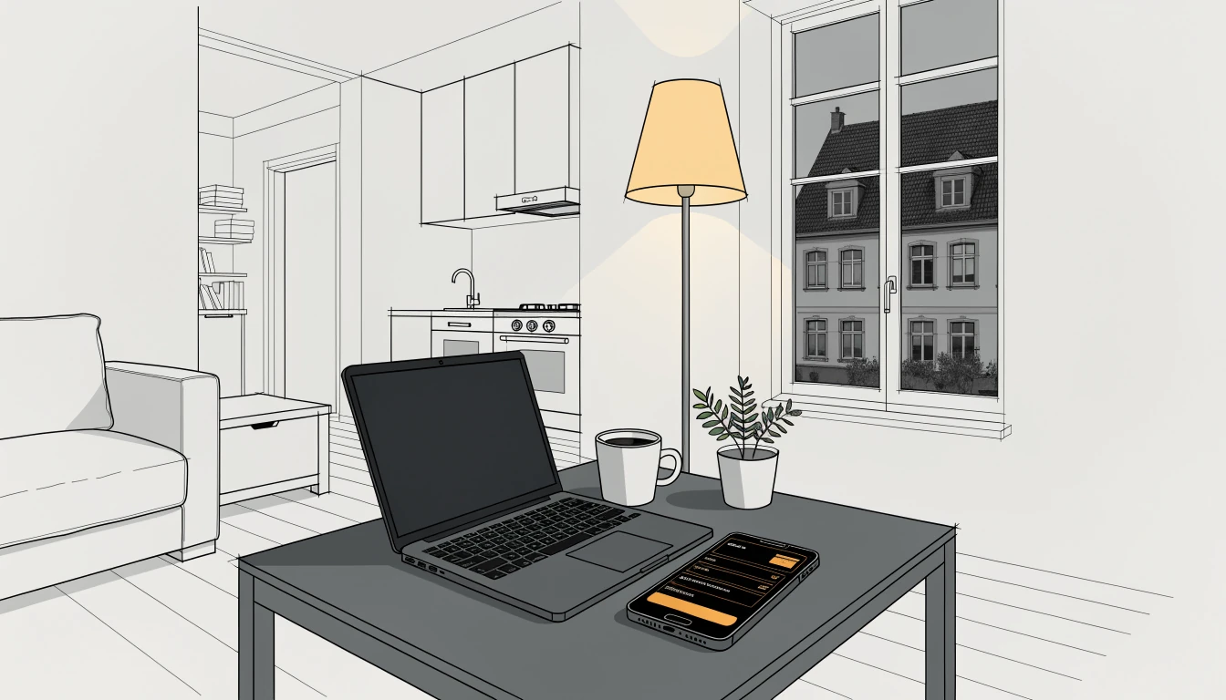 Deutsches Wohnzimmer mit Laptop und Smartphone für Online-Casino-Einzahlung per AstroPay.