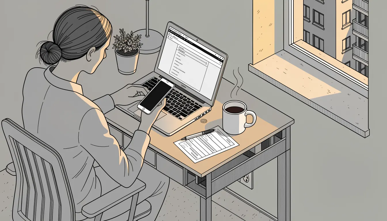 Person am Schreibtisch erledigt eine Banküberweisung mit Smartphone und Laptop.