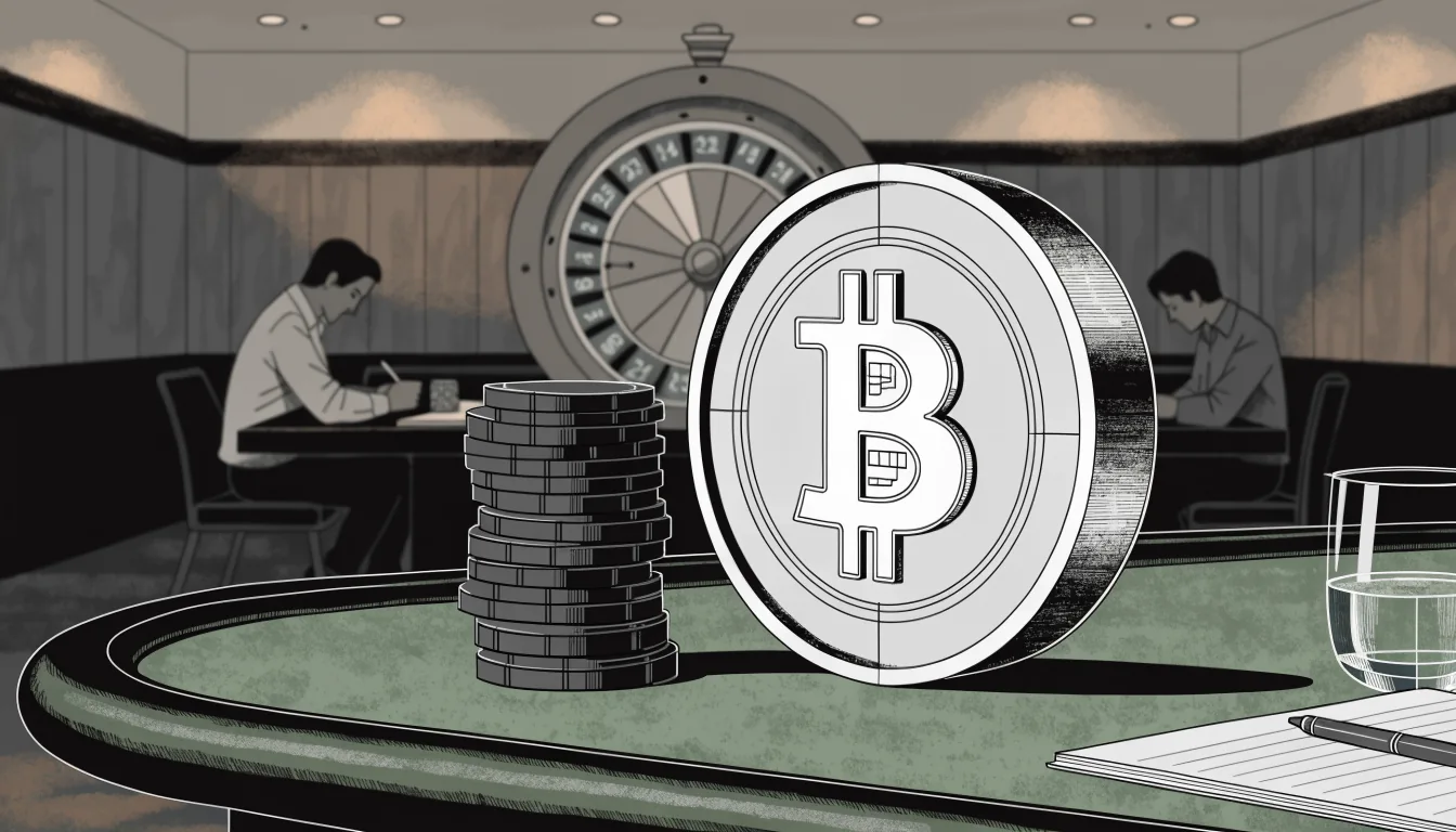 Bitcoin-Münze auf grünem Spieltisch mit Chips und Roulette im Hintergrund