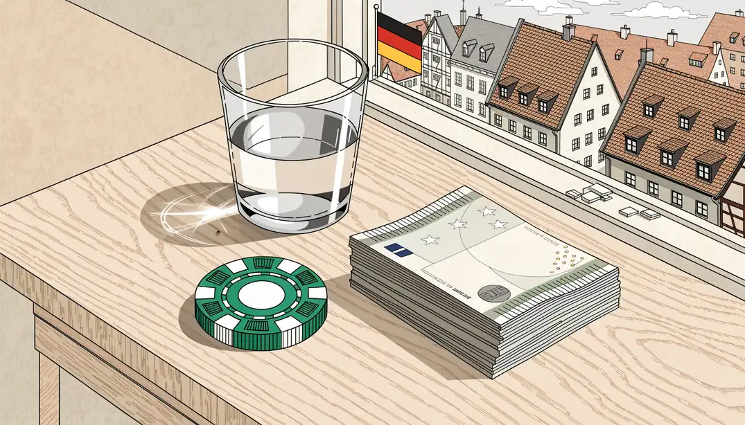 Holztisch mit Casino-Chip, Euro-Scheinen und deutscher Skyline