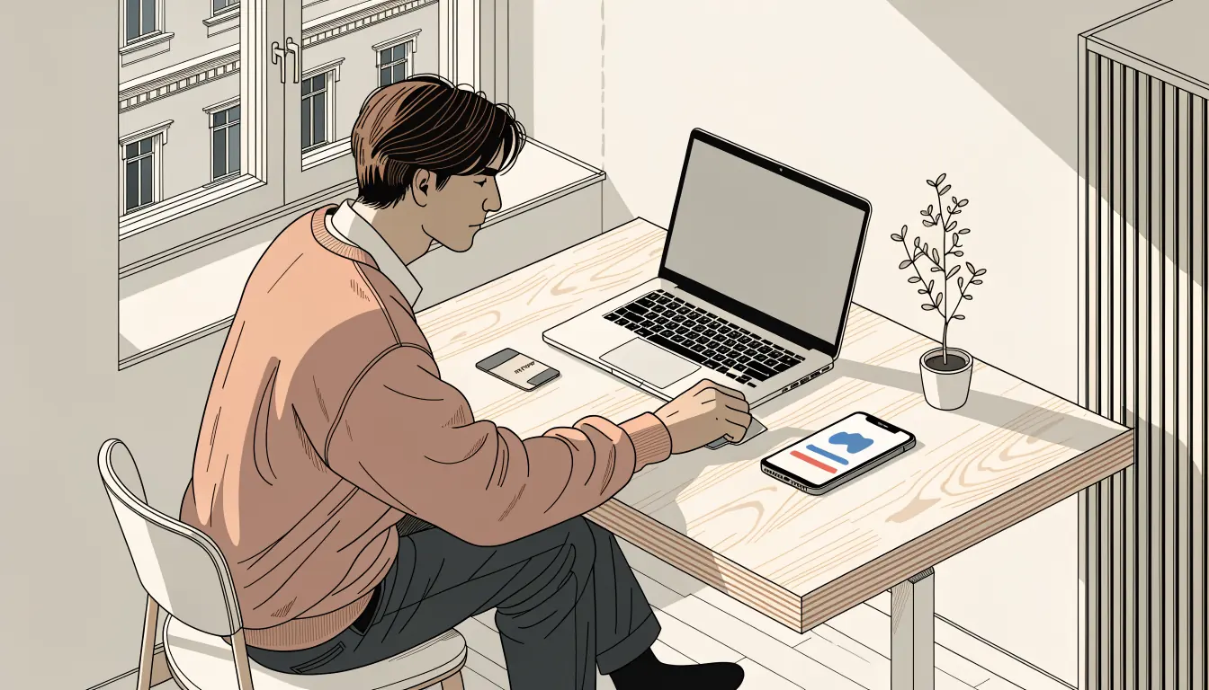 Junger Mann am Schreibtisch mit Laptop und Bankkarte beim Online-Banking.