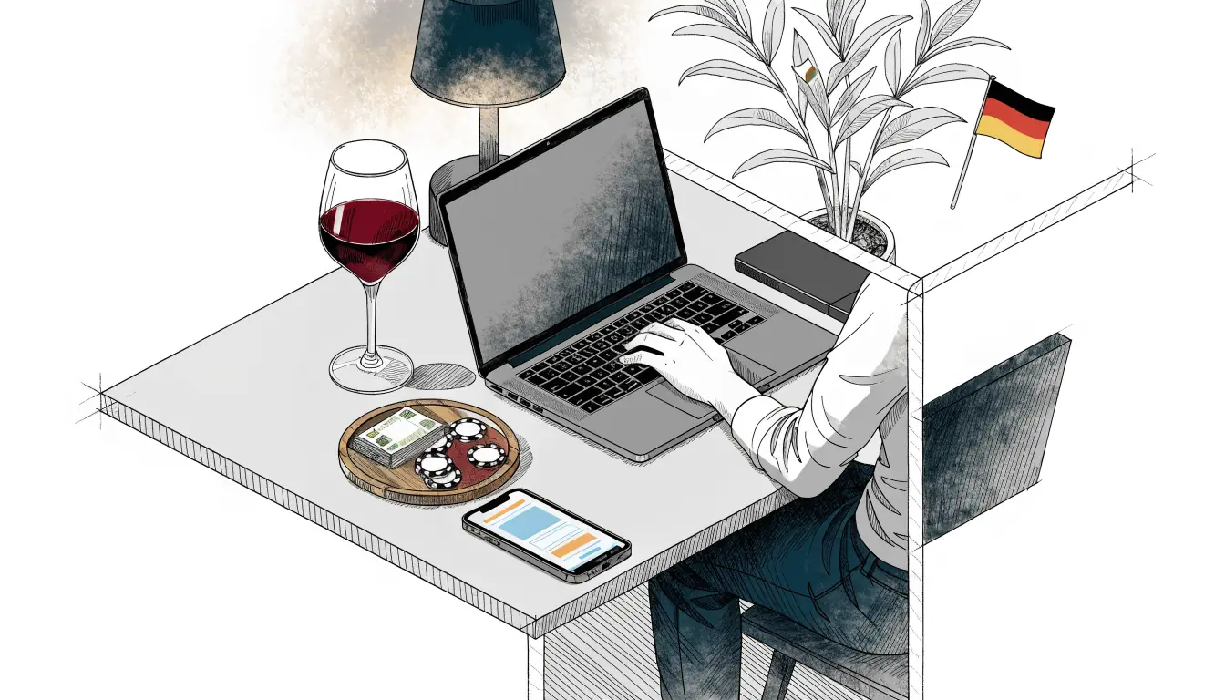 Abendlicher Schreibtisch mit Laptop, Spielchips und Euro-Geldscheinen in deutscher Wohnung.
