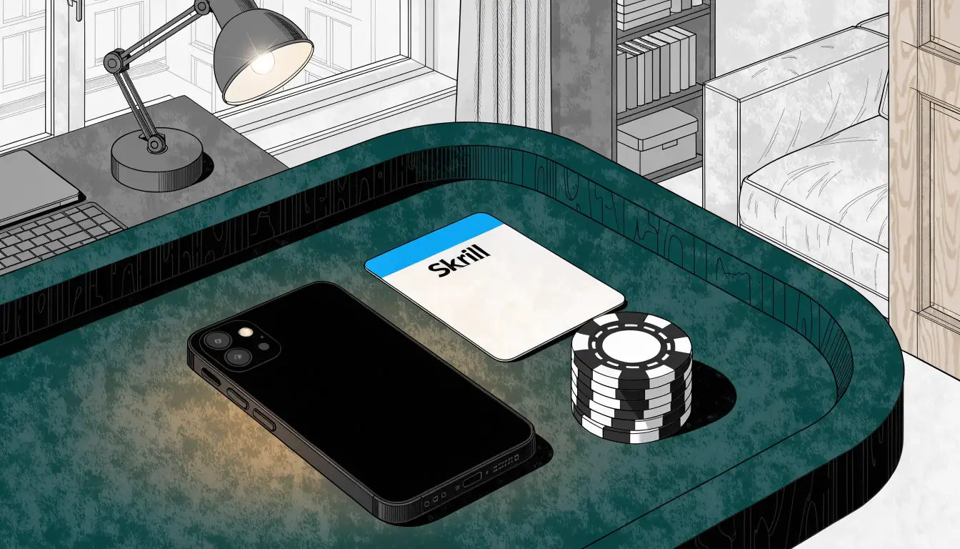 Smartphone und Skrill-Karte auf einem Spieltisch mit Chips