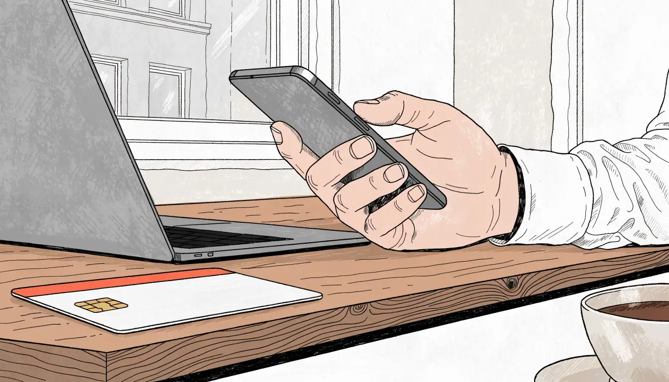 Smartphone und Laptop auf Schreibtisch mit Bankkarte und Kaffeetasse