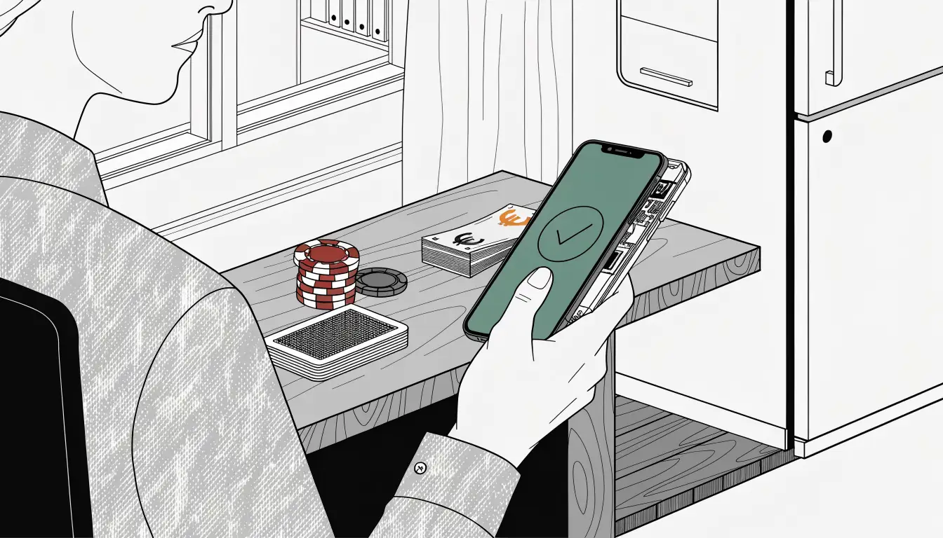 Person am Tisch mit Smartphone, Casino-Chips und Euro-Scheinen bei Tageslicht.