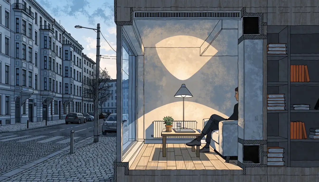 Modernes Wohnzimmer in Berlin mit geschlossenem Laptop auf dem Tisch am Abend.