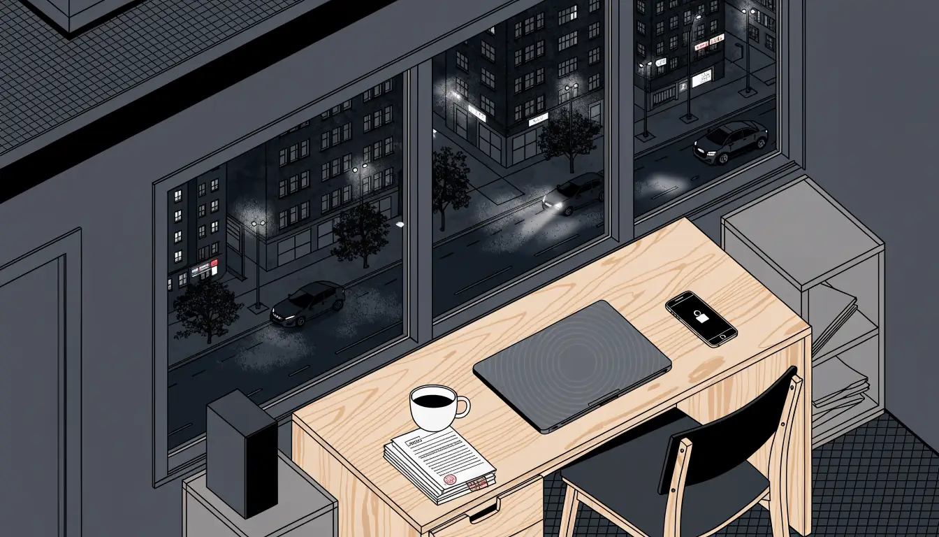 Abendliches Berliner Apartment mit zugeklapptem Laptop, Dokumenten und Stadtlicht am Fenster