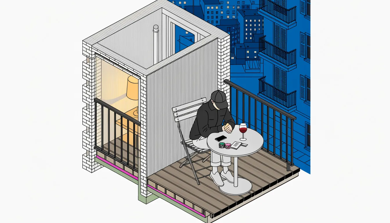 Entspannter Abend auf einem deutschen Balkon mit Spielchips und Reisepass auf dem Tisch