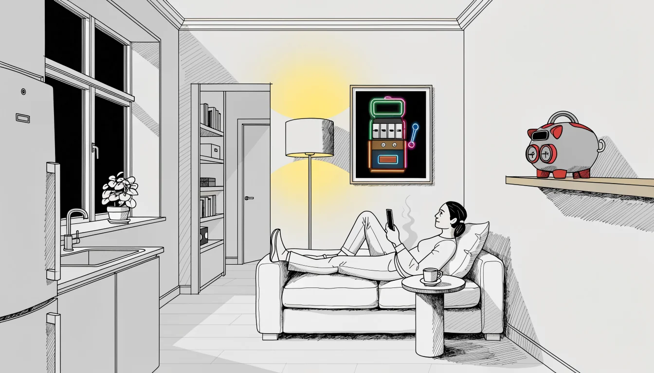 Entspannte Person mit Smartphone im deutschen Wohnzimmer mit Spielautomat-Deko.