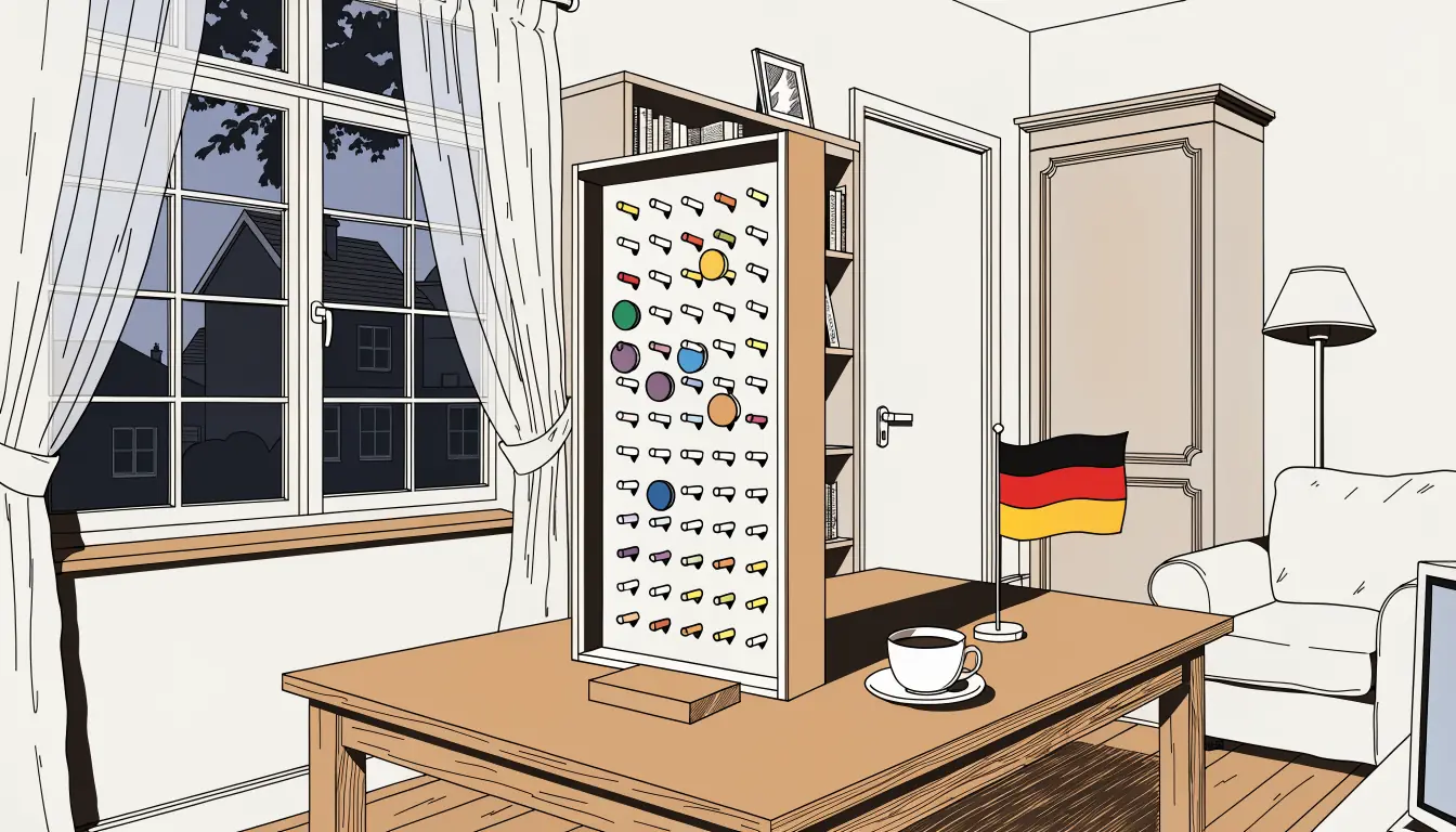 Farbige Plinko-Scheiben fallen durch ein Spielbrett auf einem Holztisch in einem deutschen Wohnzimmer.