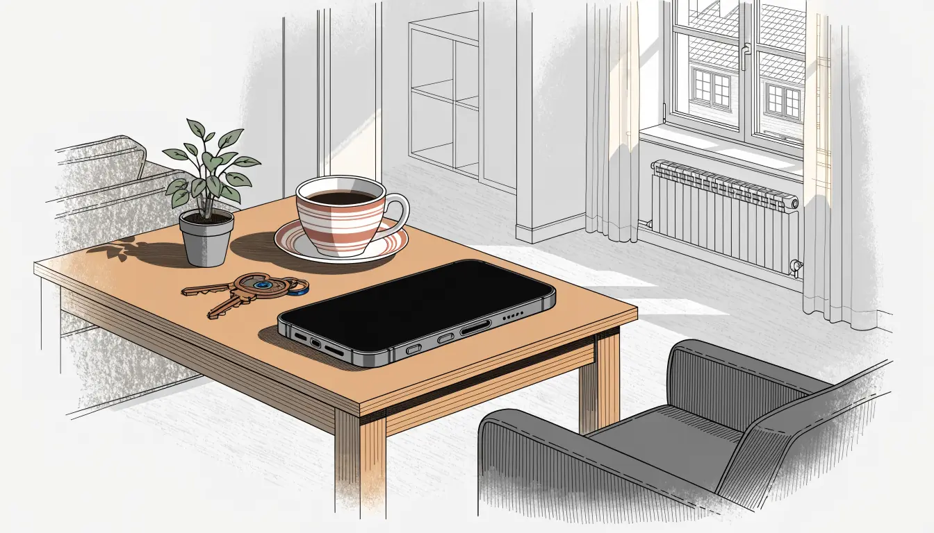 Modernes Wohnzimmer in Deutschland mit Smartphone auf Holztisch bei warmem Abendlicht