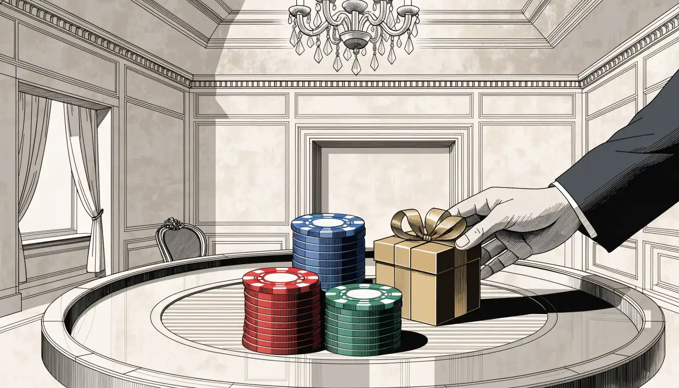 Stapel bunter Casino-Chips neben einer vergoldeten Geschenkbox auf einem Spieltisch