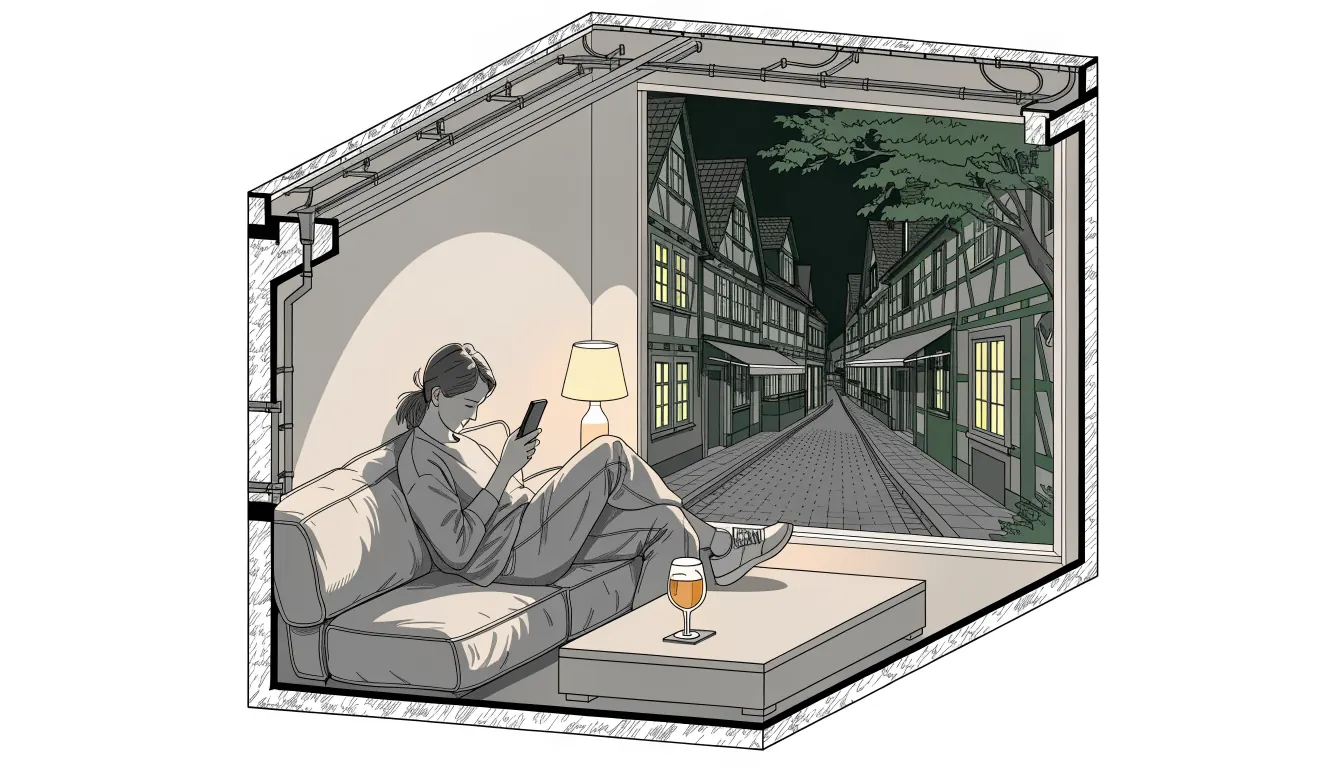 Abendliche Szene im deutschen Wohnzimmer mit Smartphone auf der Couch