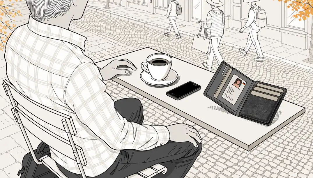Person am Café-Tisch in einer deutschen Stadt, Ausweis im Portemonnaie und Smartphone auf dem Tisch.