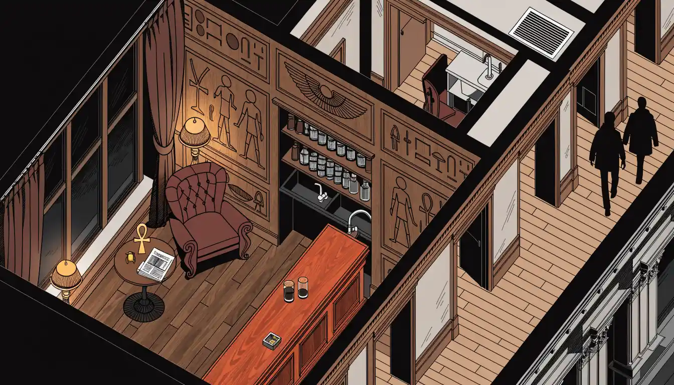 Elegantes ägyptisch thematisiertes Casino-Lounge-Interieur mit warmem Bernsteinlicht und Hieroglyphen-Dekor