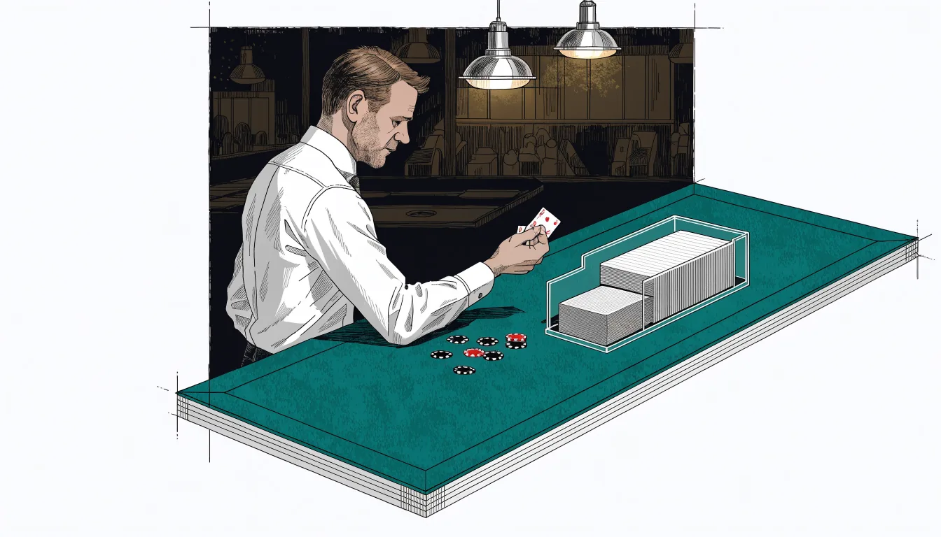 Baccarat-Dealer am Spieltisch mit Karten und Chips im Live-Casino-Studio.