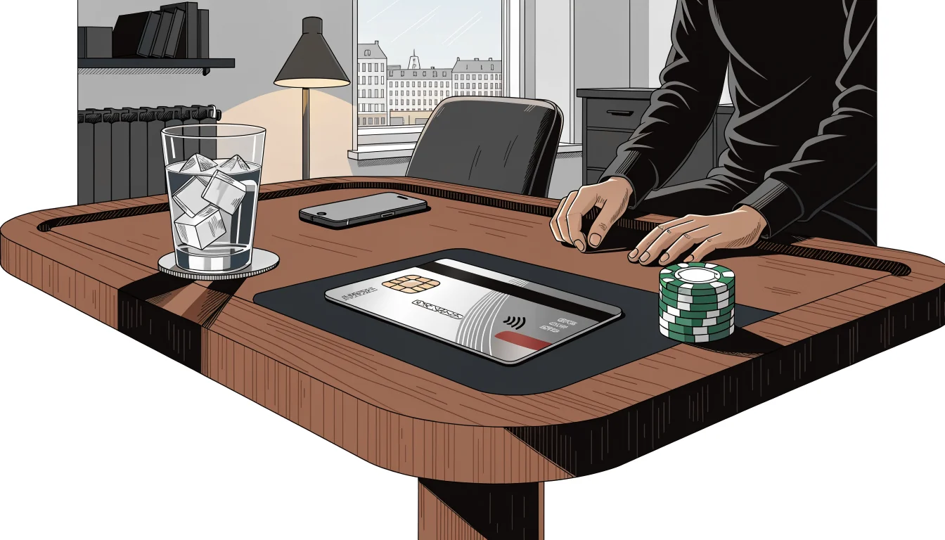 American-Express-Karte mit Casino-Chips auf Filz in deutscher Wohnung