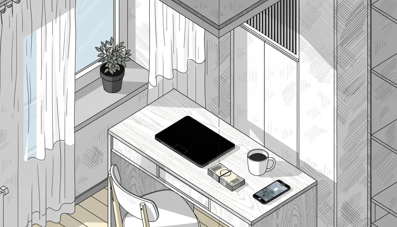 Schreibtisch mit Laptop, Smartphone und Euro-Geldscheinen in einem deutschen Home-Office.