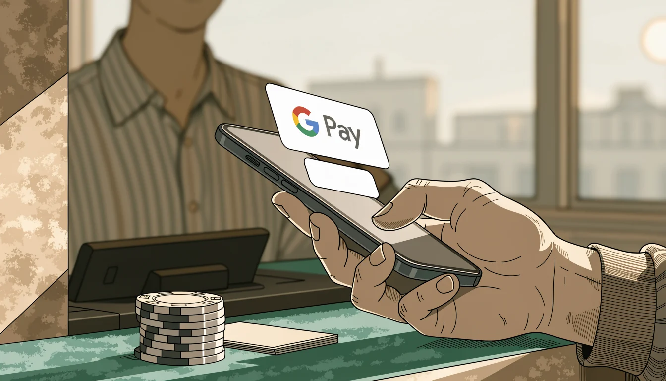Hand hält Smartphone an einer Casinokasse mit Google Pay und Spielchips