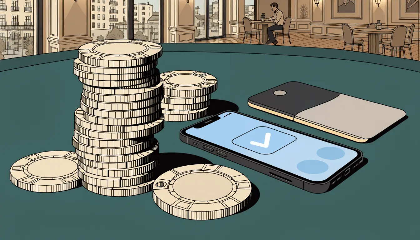 Casino-Chips und Smartphone mit Jeton-Zahlung auf einem Tisch
