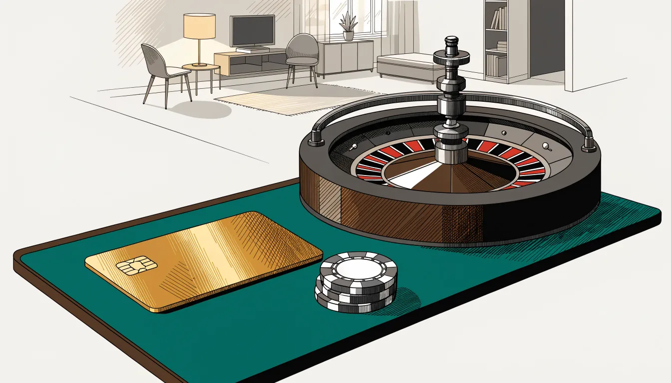 Goldene Kreditkarte auf grünem Spieltisch mit Chips und Roulette