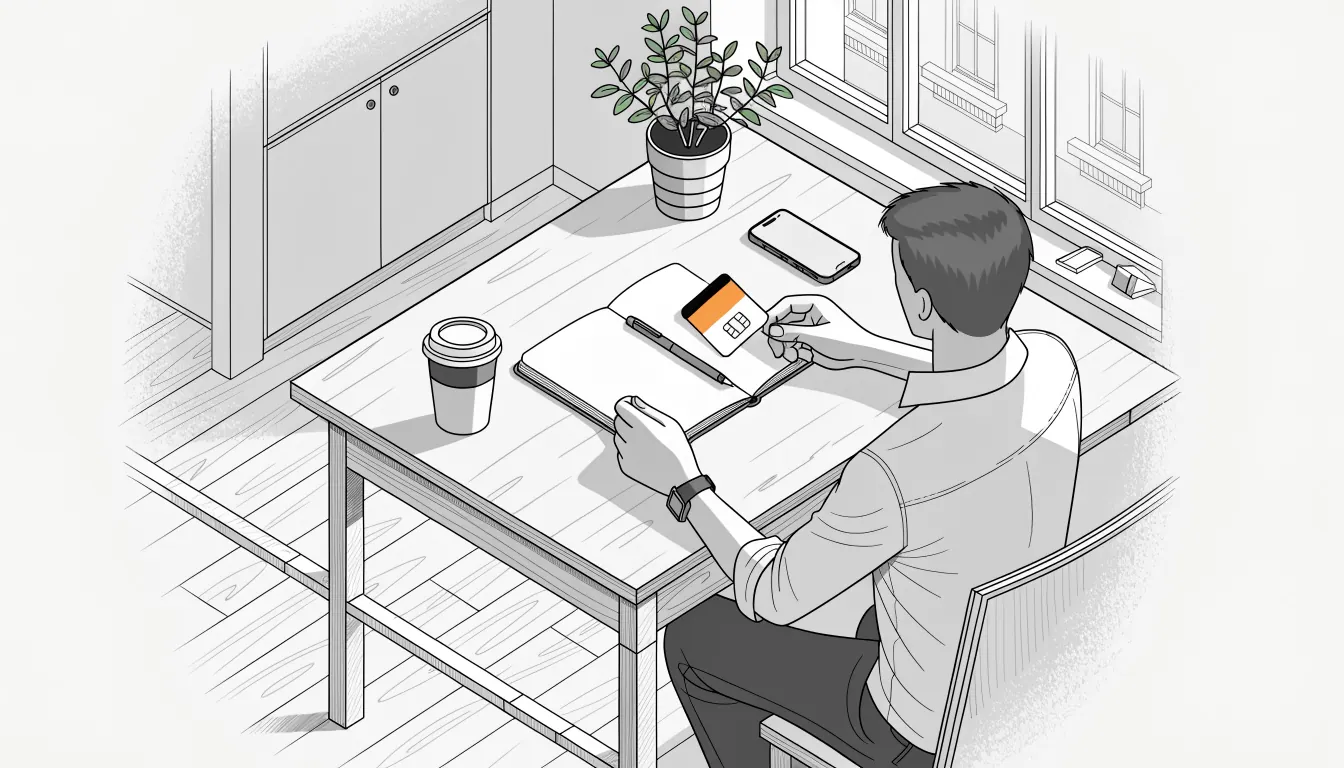 Person an einem Schreibtisch mit Smartphone, Notizbuch und deutscher Girocard bei Tageslicht.