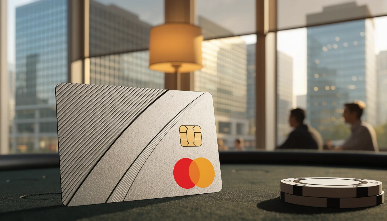 Mastercard-Kreditkarte auf Spieltisch mit Casino-Chips vor moderner deutscher Stadtsilhouette.