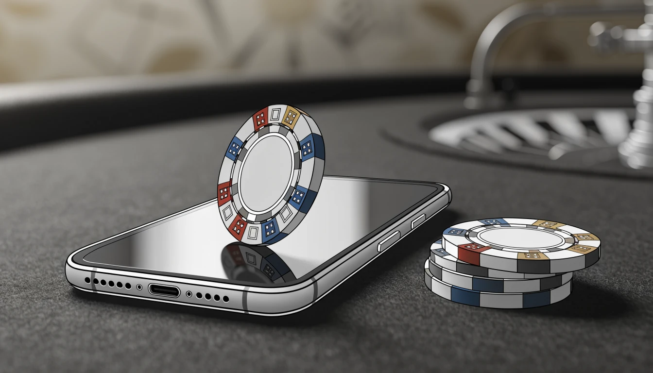 Smartphone mit Chip auf Casino-Tisch und Roulette im Hintergrund