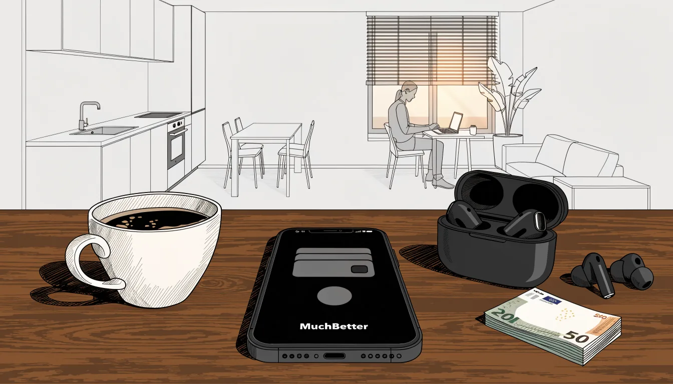 Smartphone mit MuchBetter-App auf einem Tisch mit Euro-Geldscheinen in einer modernen Wohnung.