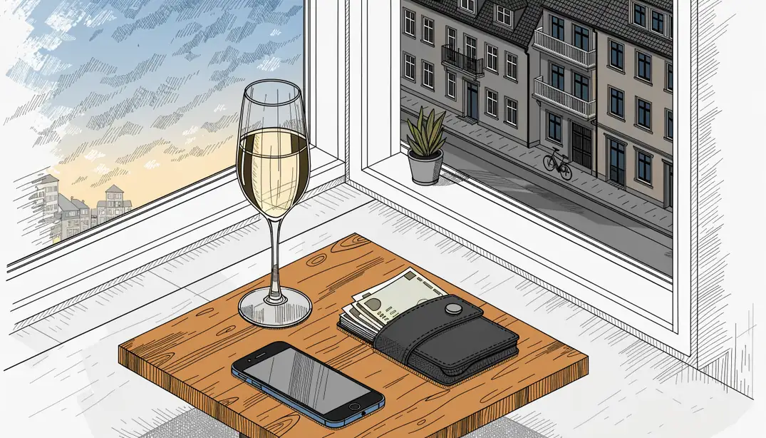Modernes Wohnzimmer in Deutschland mit Smartphone, Euro-Geldscheinen und Sektglas auf dem Tisch bei Abendlicht.