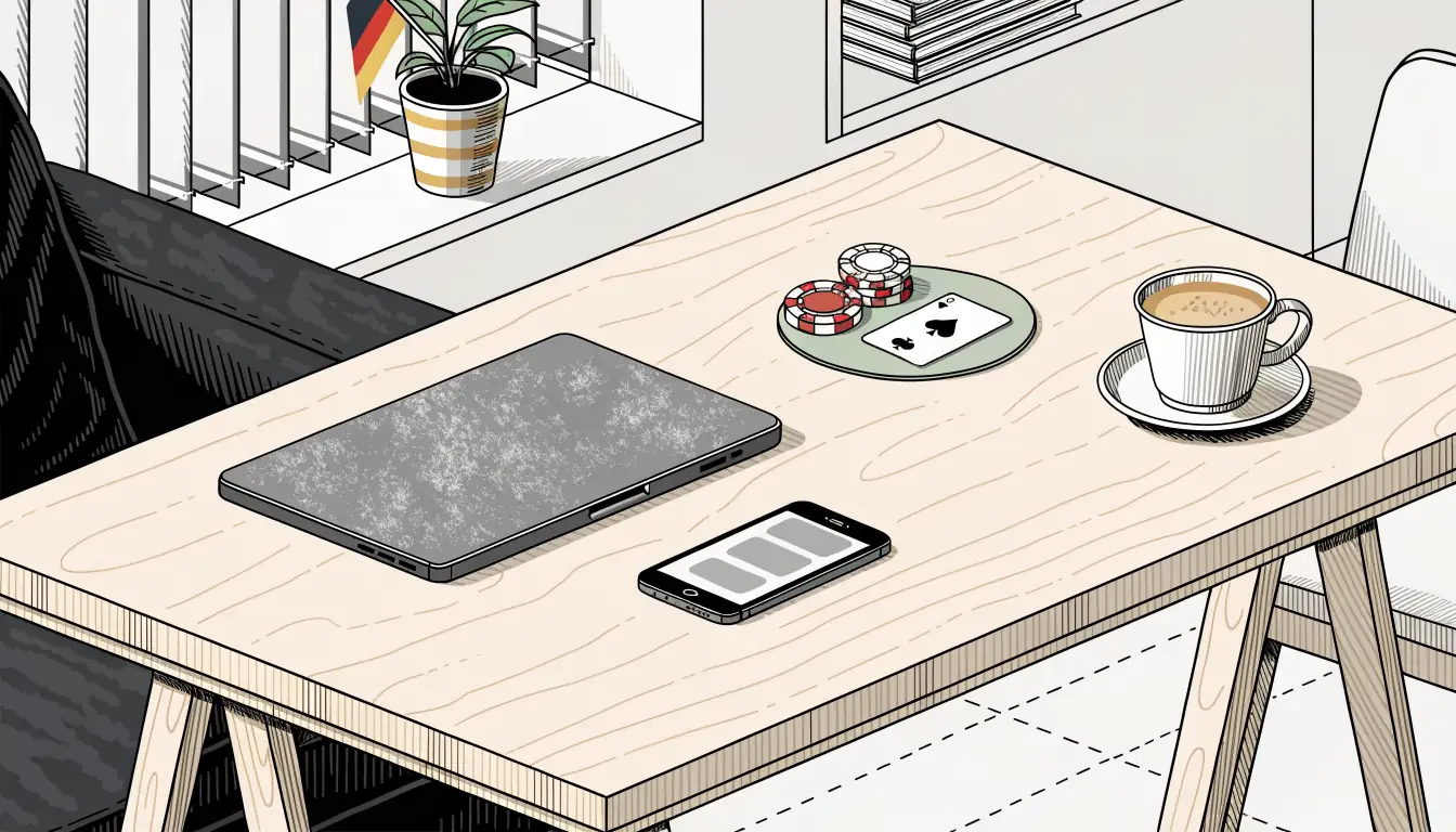 Laptop, Smartphone und Casino-Chips auf einem Tisch in einem deutschen Wohnzimmer.