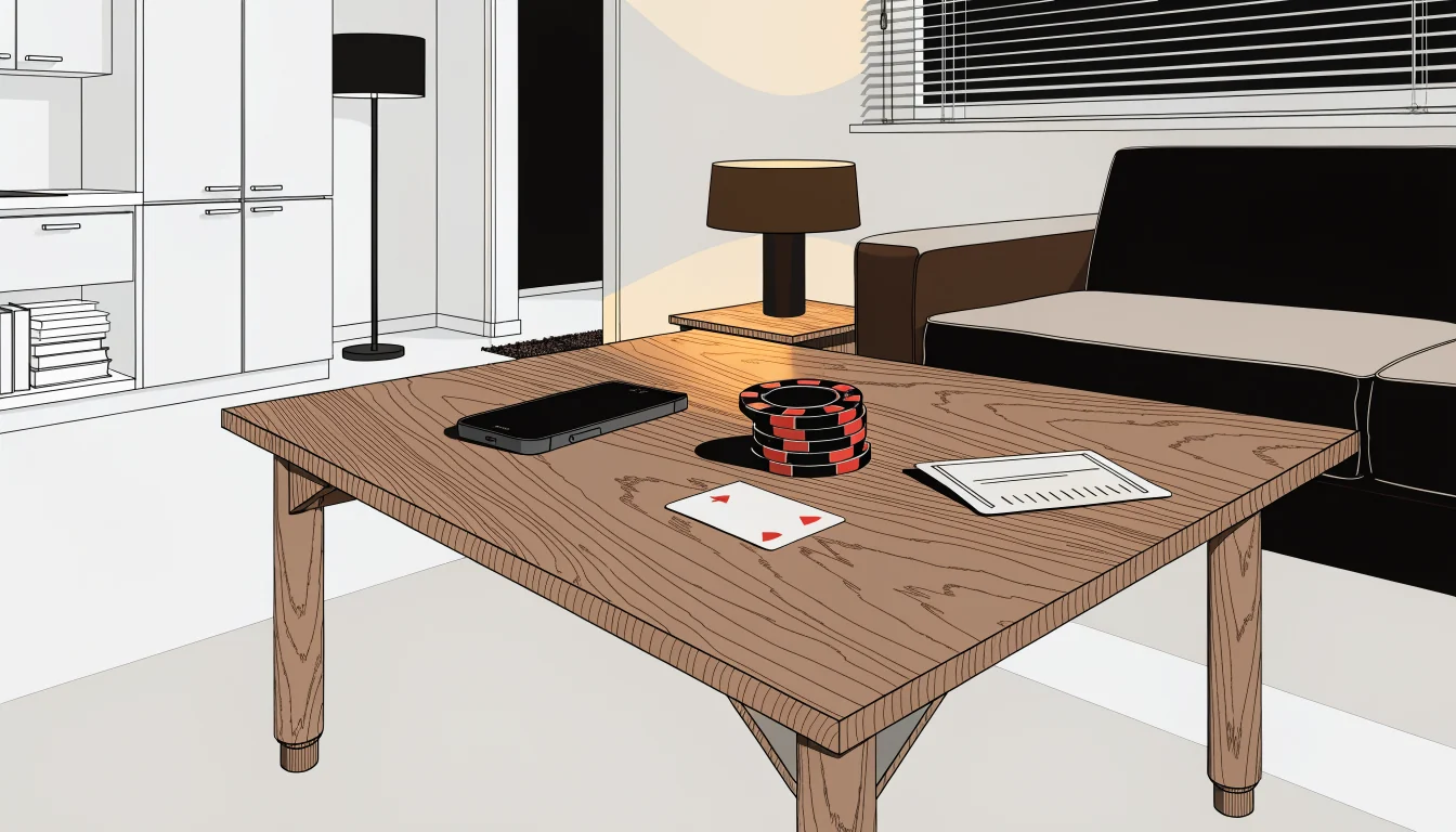 Prepaid-Voucher, Casino-Chips und Spielkarte auf einem Couchtisch bei warmem Abendlicht.