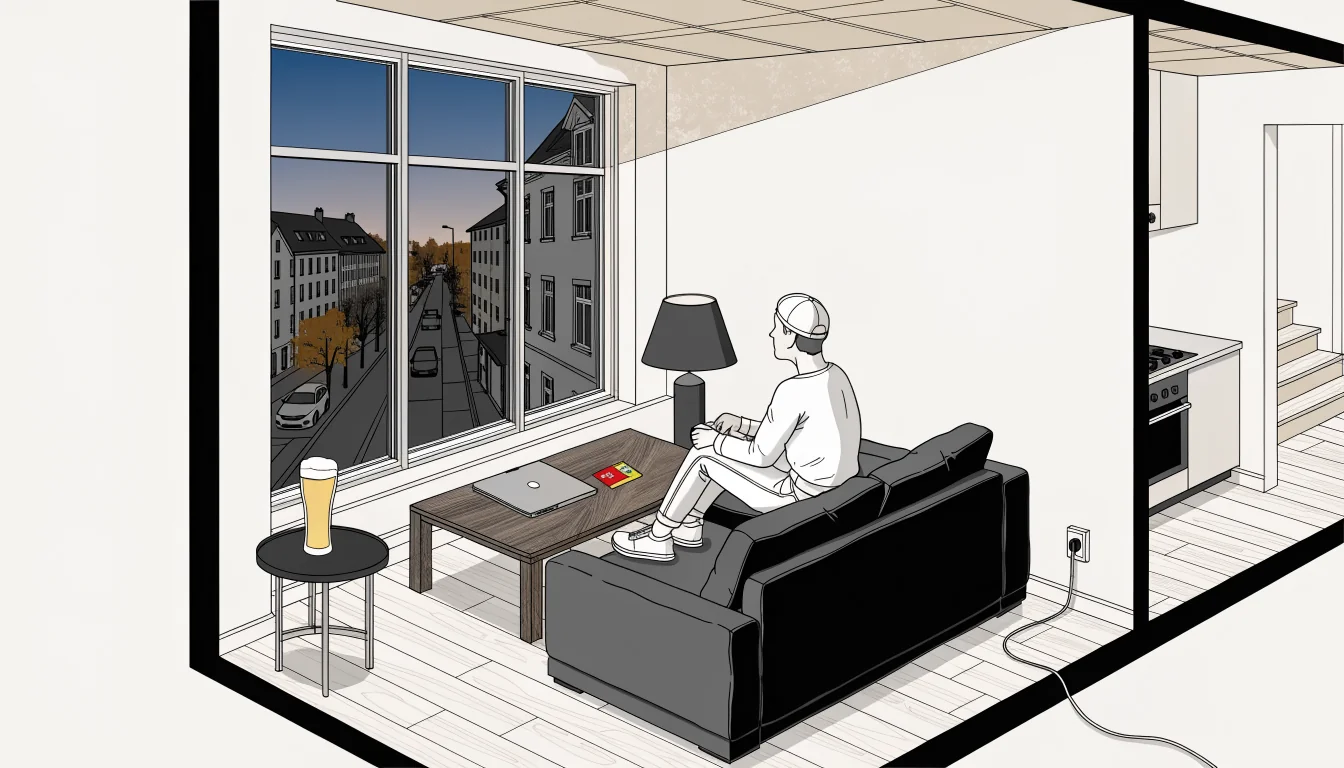Abendliche Szene im deutschen Wohnzimmer mit Laptop und Visa-Karte