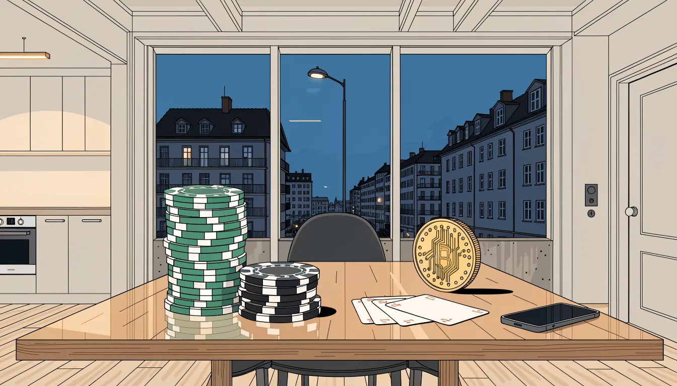 Casino-Chips und Kryptowährungsmünze auf Holztisch in moderner deutscher Wohnung bei Abendlicht.